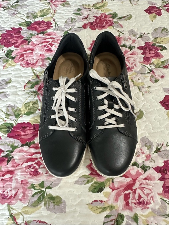 Clarks Shoes - Clarks Black Leather Sneakers with White Laces